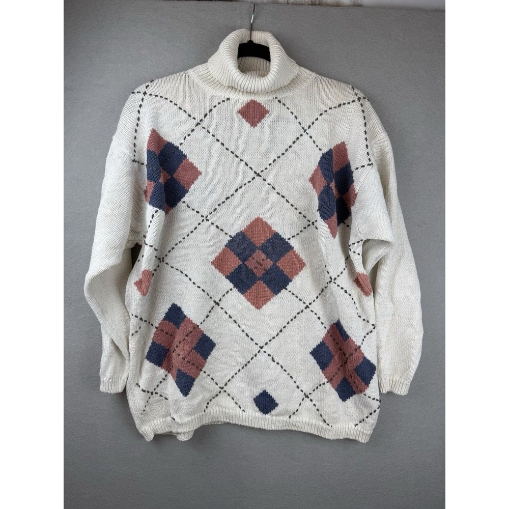 Vintage Argyle Turtleneck Pink and Blue‎ Sweater Holiday Party Grandmacore 14/16